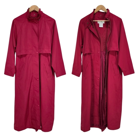 VTG L.L. Bean Long Trench Coat Sz Medium Burgundy Outdoor 80s 90s Nylon Jacket - Picture 1 of 14